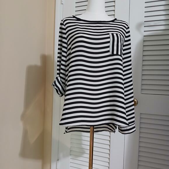 Ann Taylor LOFT medium petite adjustable sleeve black and white tunic easy care - Picture 1 of 12